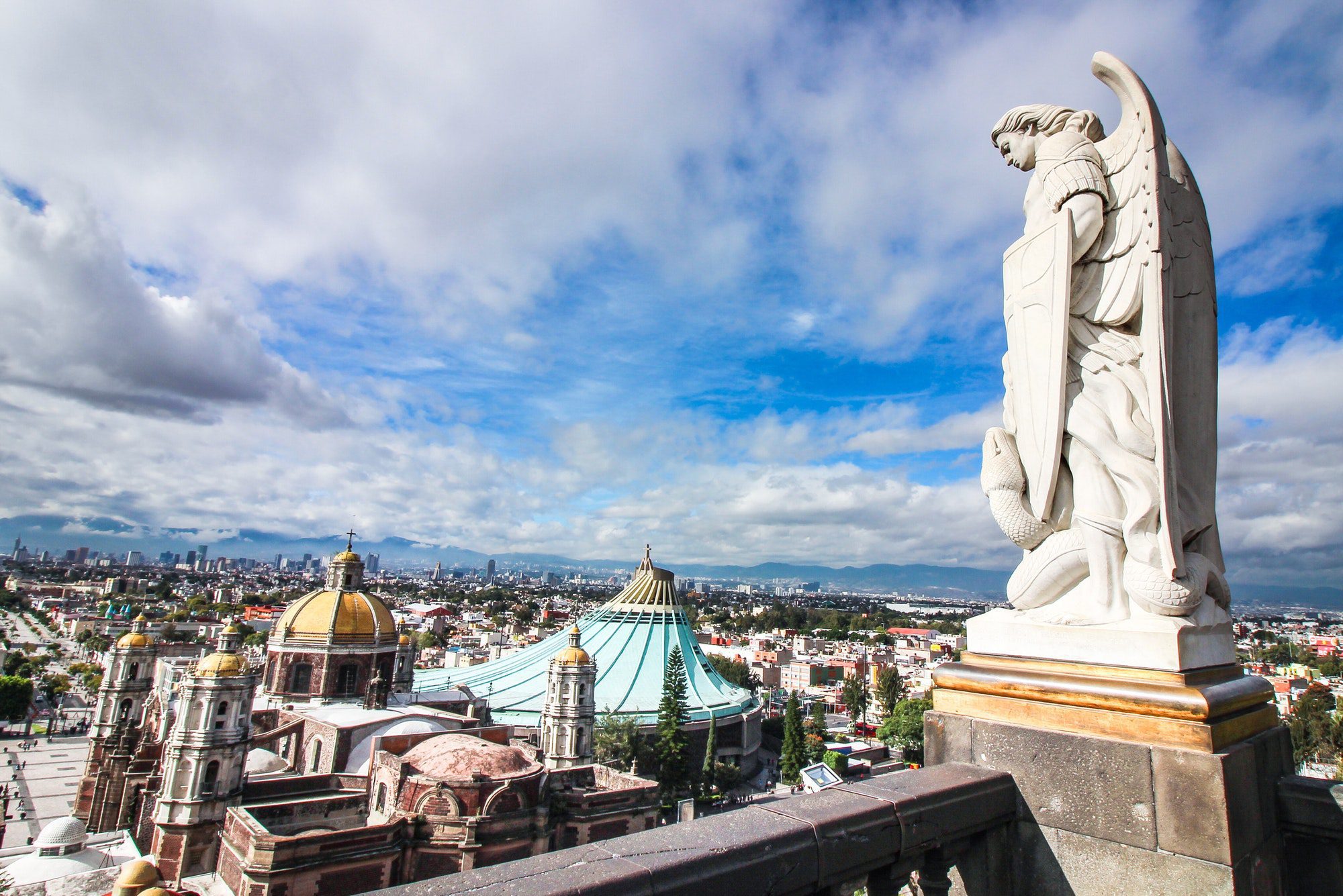 St Michael the archangel statue overlooking the Basílica de Guadalupe in Mexico City.